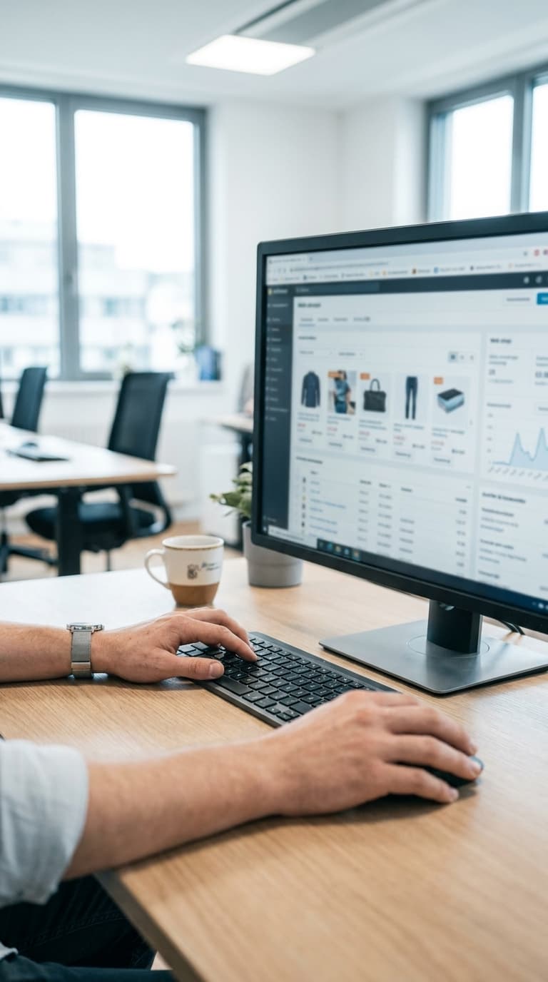 Ein Büroangestellter bedient Tastatur und Maus vor einem Monitor an einem Schreibtisch im hellen Büro.