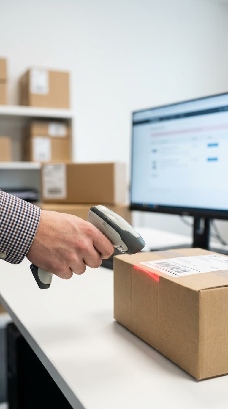 Eine Hand scannt mit einem Handscanner den Barcode auf einem Paket an einem PC-Arbeitsplatz.
