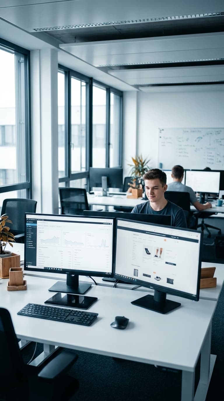 Ein junger Mann arbeitet an einem Schreibtisch mit zwei Monitoren in einem hellen Großraumbüro.
