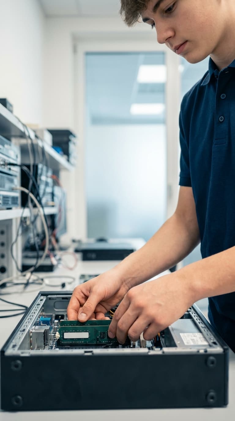 Ein Lehrling baut Arbeitsspeicher in einen geöffneten Computer ein.