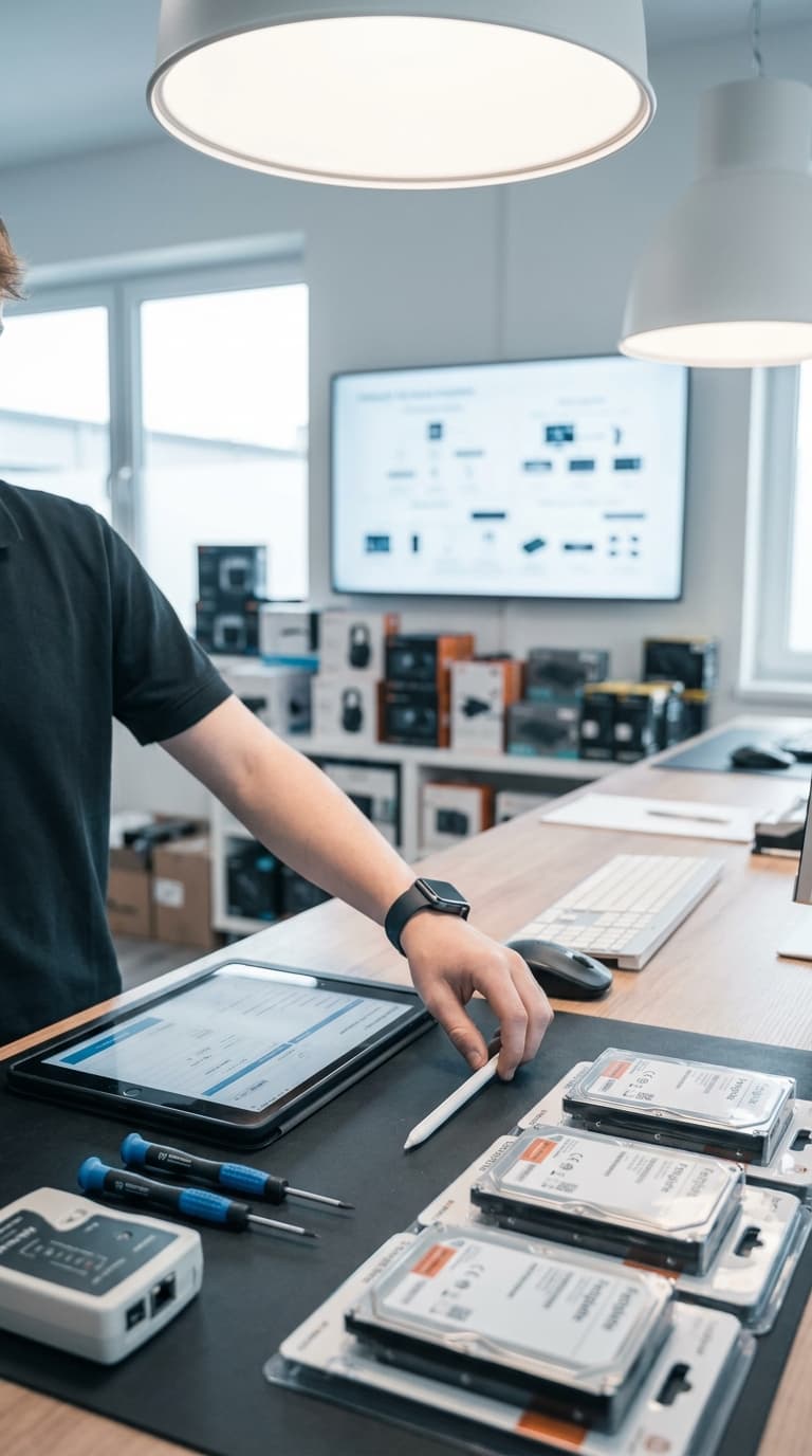 Eine IT-Fachkraft greift auf einem Arbeitstisch mit Festplatten, Schraubendrehern und Tablet nach einem Eingabestift.