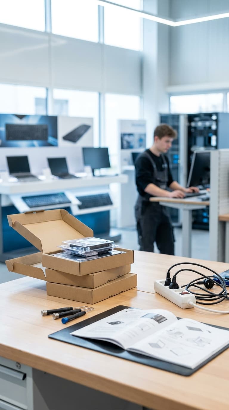 Ein Elektroniker arbeitet im Hintergrund am PC, vorn liegen Werkzeuge und geöffnete Kartons auf einer Werkbank.