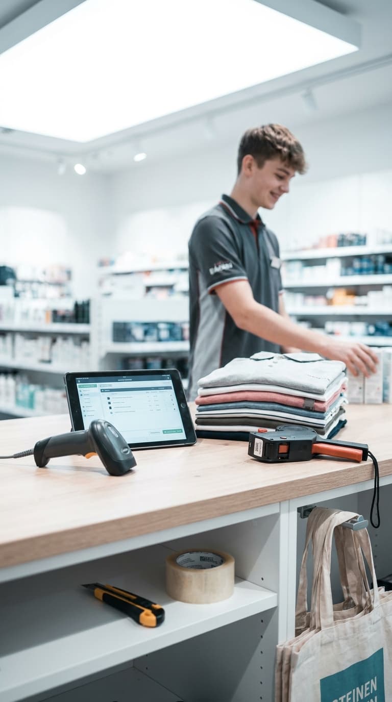 Ein lächelnder Verkäufer an einer Ladentheke mit Tablet, Barcodescanner und gefalteter Kleidung.