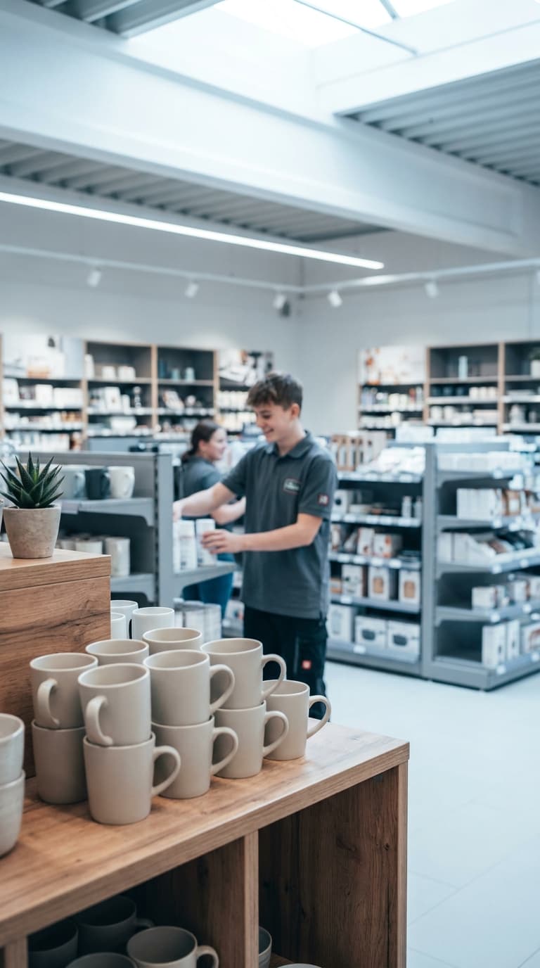 Ein Lehrling im Einzelhandel sortiert Produkte in einem hellen Geschäft hinter aufgereihten Kaffeetassen.
