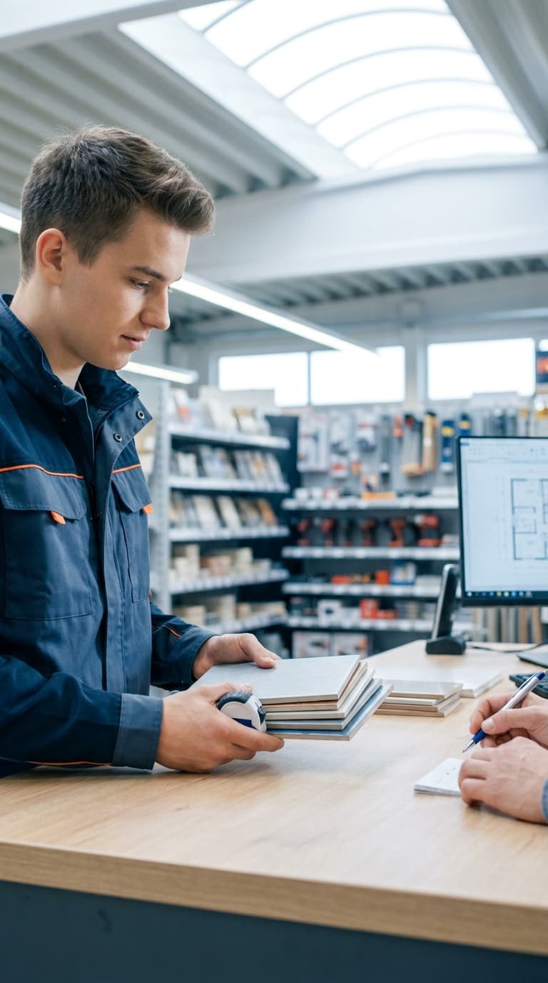 Ein Lehrling im Baumarkt berät einen Kunden an der Theke mit Fliesenmustern und einem Maßband.