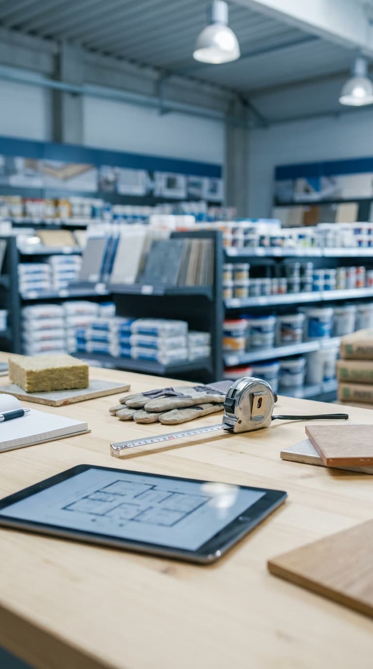 Tablet mit Grundriss, Maßband, Arbeitshandschuhen und Materialproben auf einem Holztisch im Baumarkt.