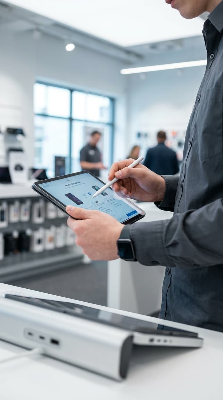 Ein Verkäufer im Elektronikgeschäft bedient ein Tablet mit einem Eingabestift.