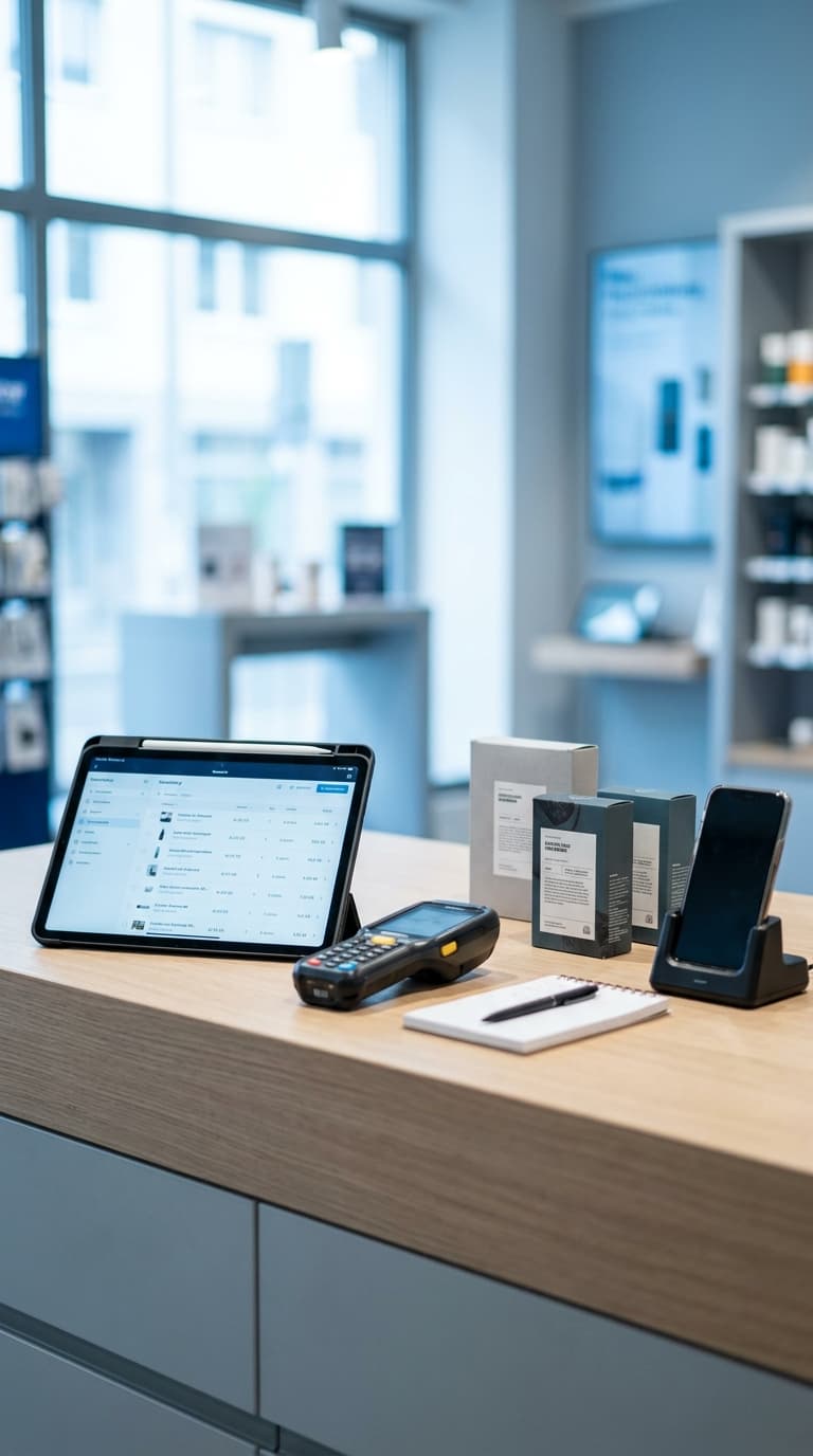 Digitales Kassensystem mit Tablet, Kartenleser, Produktverpackungen und Smartphone auf einem hölzernen Tresen.