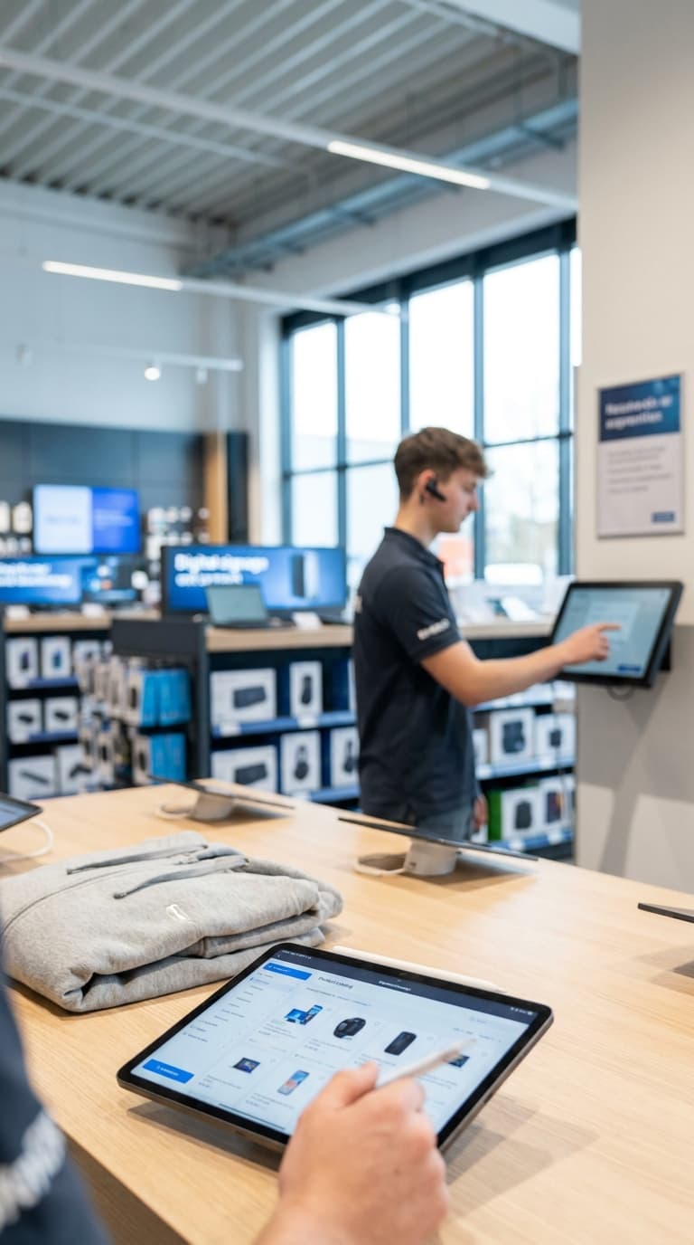 Ein Verkäufer bedient ein Wandterminal im Elektronikgeschäft, im Vordergrund nutzt eine Hand ein Tablet mit Stift.