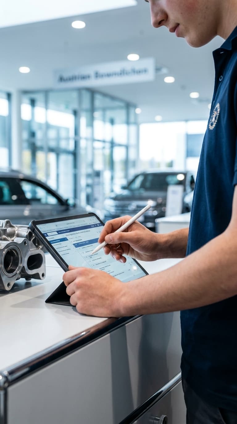 Ein Kfz-Lehrling bedient mit einem digitalen Stift ein Tablet im Autohaus neben einem Motorbauteil.