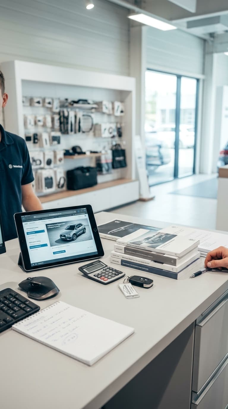 Automobilkaufmann berät am Tresen im Autohaus mit Tablet, Broschüren und Autoschlüssel.