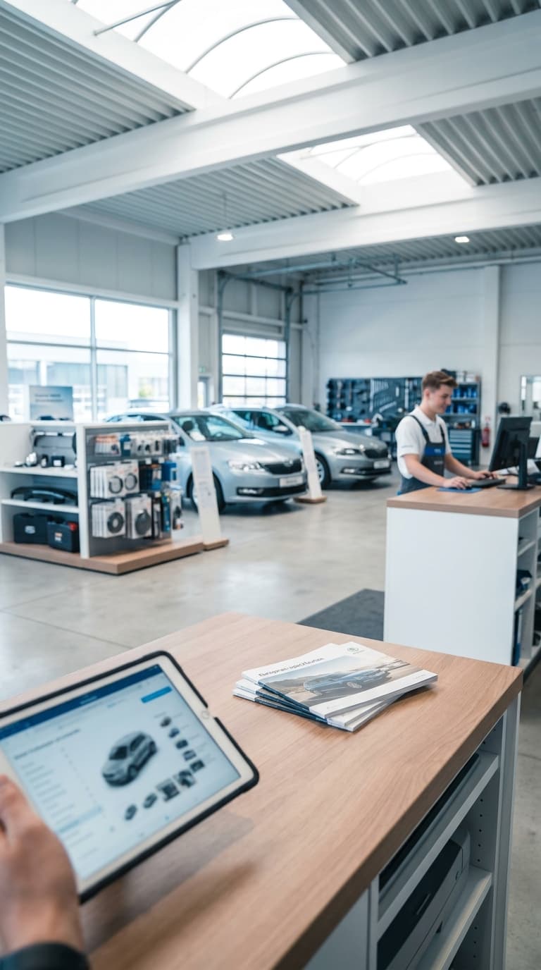 Mitarbeiter im Autohaus am Computer, im Vordergrund zeigt ein Tablet eine Fahrzeugkonfiguration.