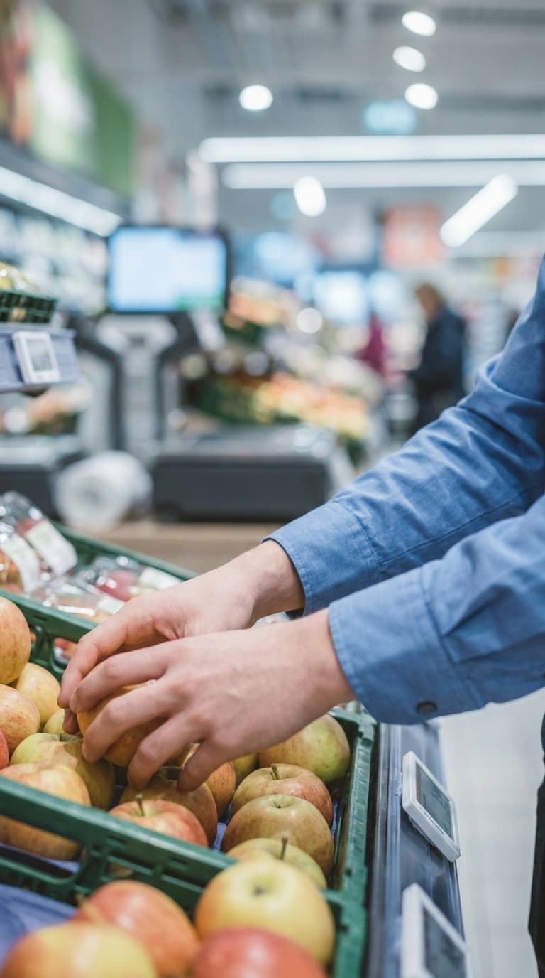 Eine Person im blauen Hemd greift nach Äpfeln in einer Kiste im Supermarkt.
