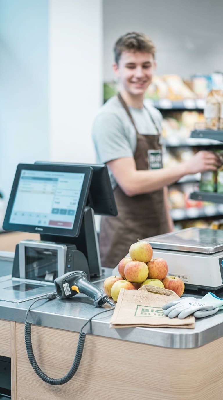 Ein lächelnder Mitarbeiter im Supermarkt hinter einer Kasse mit Äpfeln und Barcodescanner im Vordergrund.