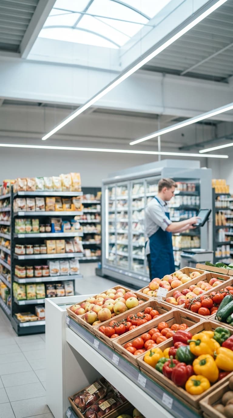 Ein Einzelhandelskaufmann bedient ein Tablet im Supermarkt hinter einer Auslage mit Obst und Gemüse.