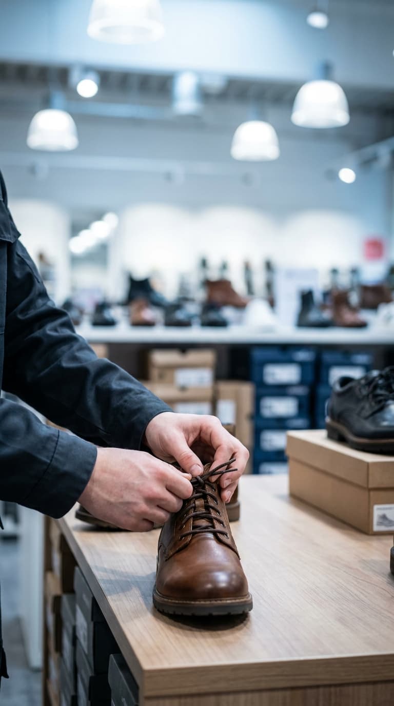 Eine Person schnürt einen braunen Lederschuh auf einem Holztisch in einem Schuhgeschäft.