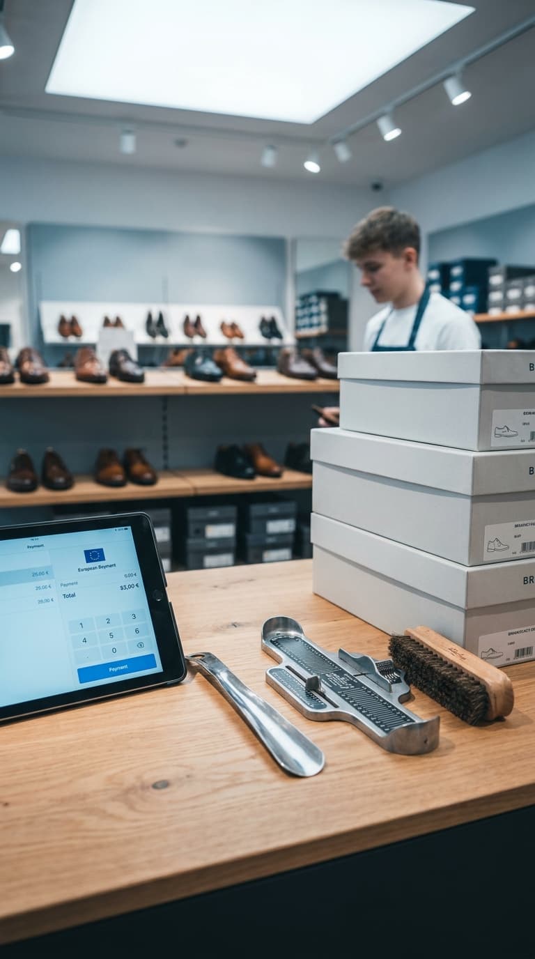 Ein Schuhverkäufer steht hinter einer Ladentheke mit Fußmessgerät, Schuhlöffel und gestapelten Schuhkartons.