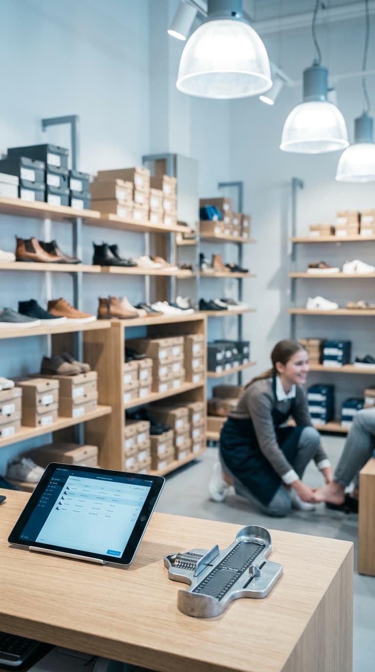 Eine Verkäuferin hilft im Schuhgeschäft einer Kundschaft; vorne liegen Fußmessgerät und Tablet auf dem Tresen.