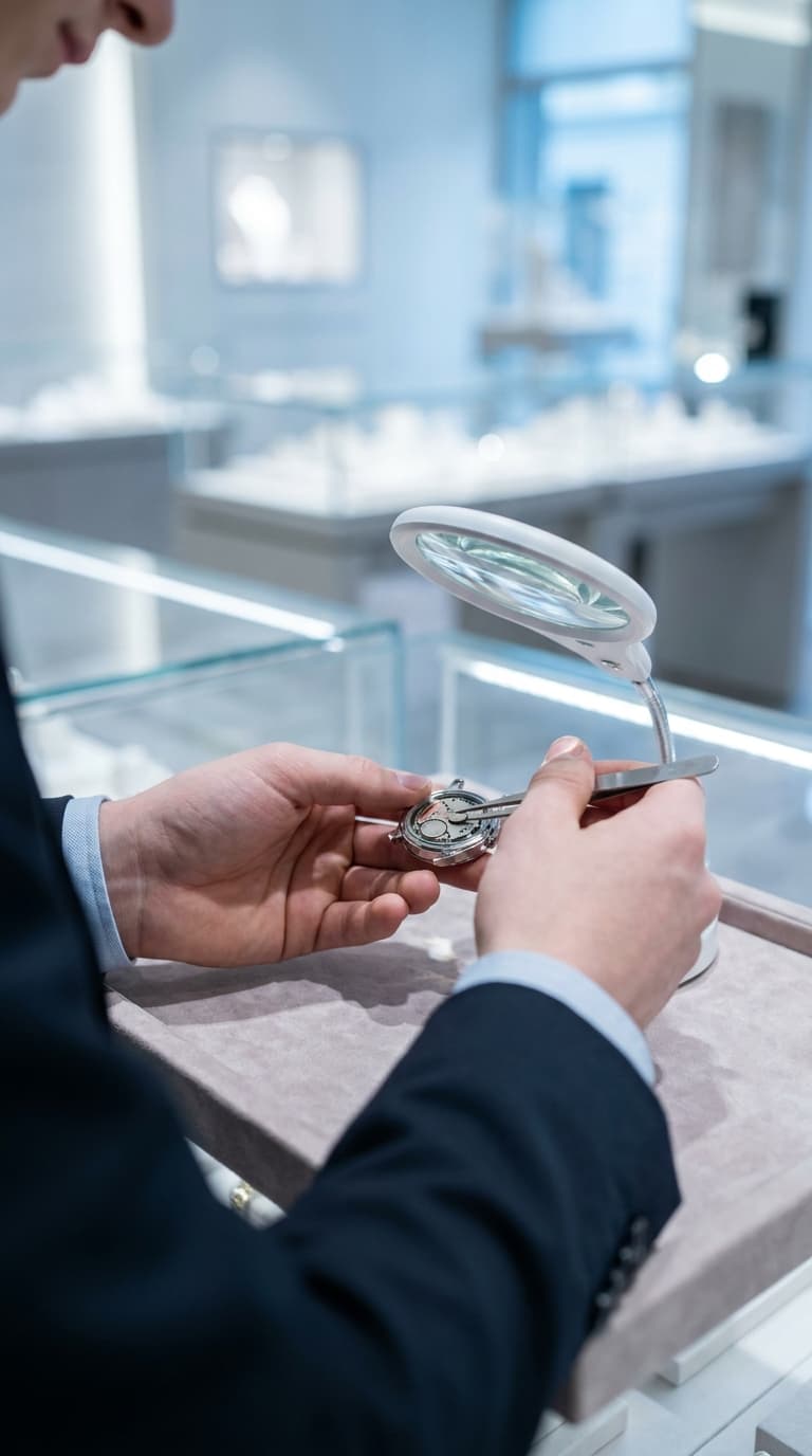 Uhrmacher repariert das Uhrwerk einer Armbanduhr mit einer Pinzette unter einer Lupe.