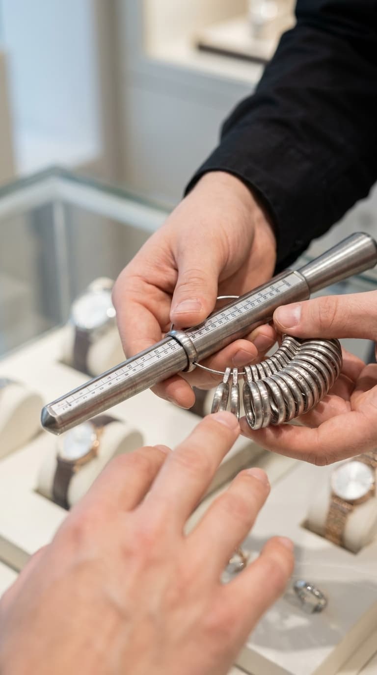 Ein Juwelier zeigt einem Kunden verschiedene Ringgrößen mit einem Ringstock und einem Ringmaß.
