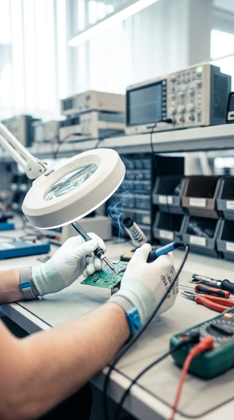 Eine Person lötet eine grüne Platine unter einer beleuchteten Lupe in einer Elektronikwerkstatt.