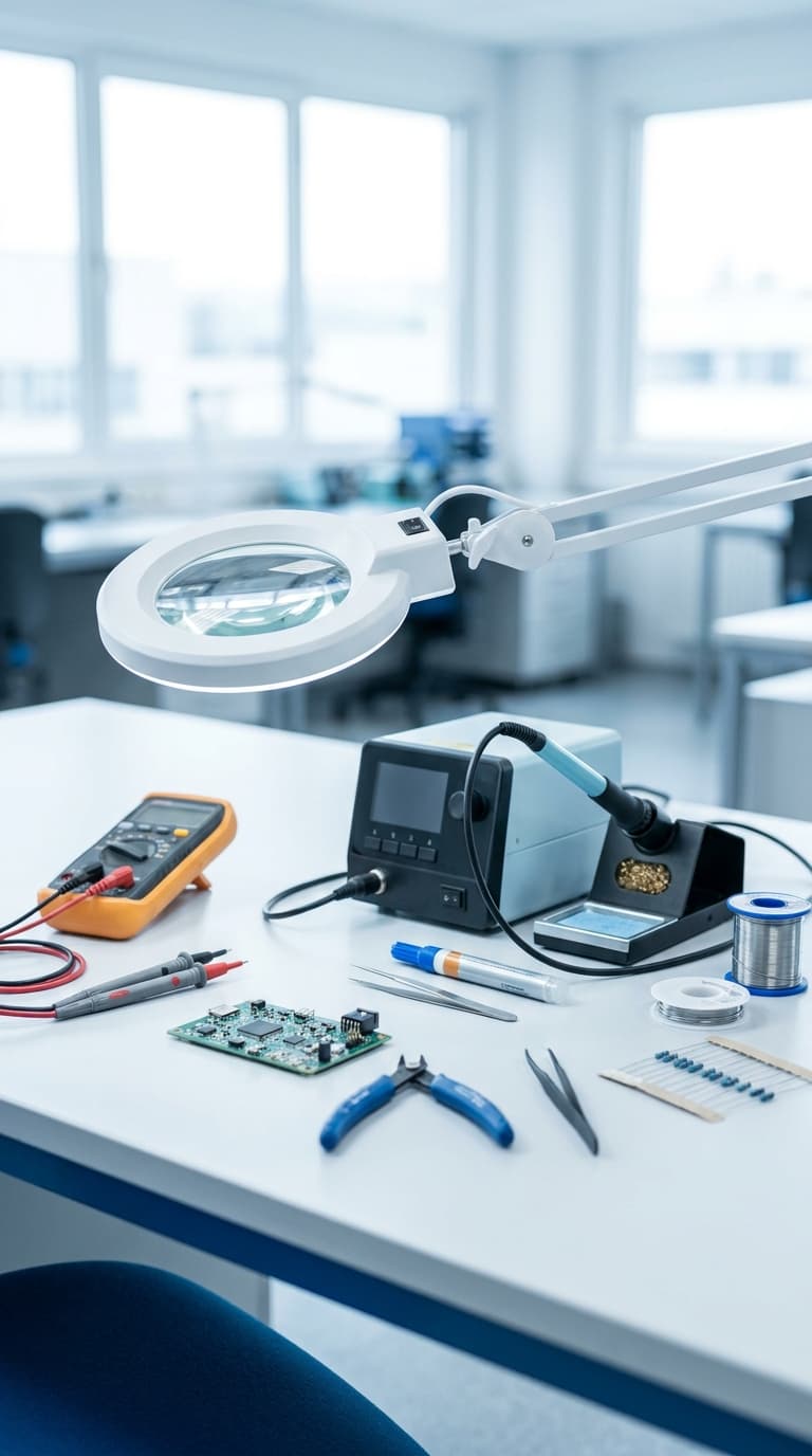 Ein Elektronikarbeitsplatz mit Lötstation, Multimeter, Lupenleuchte und Platine in einer hellen Werkstatt.