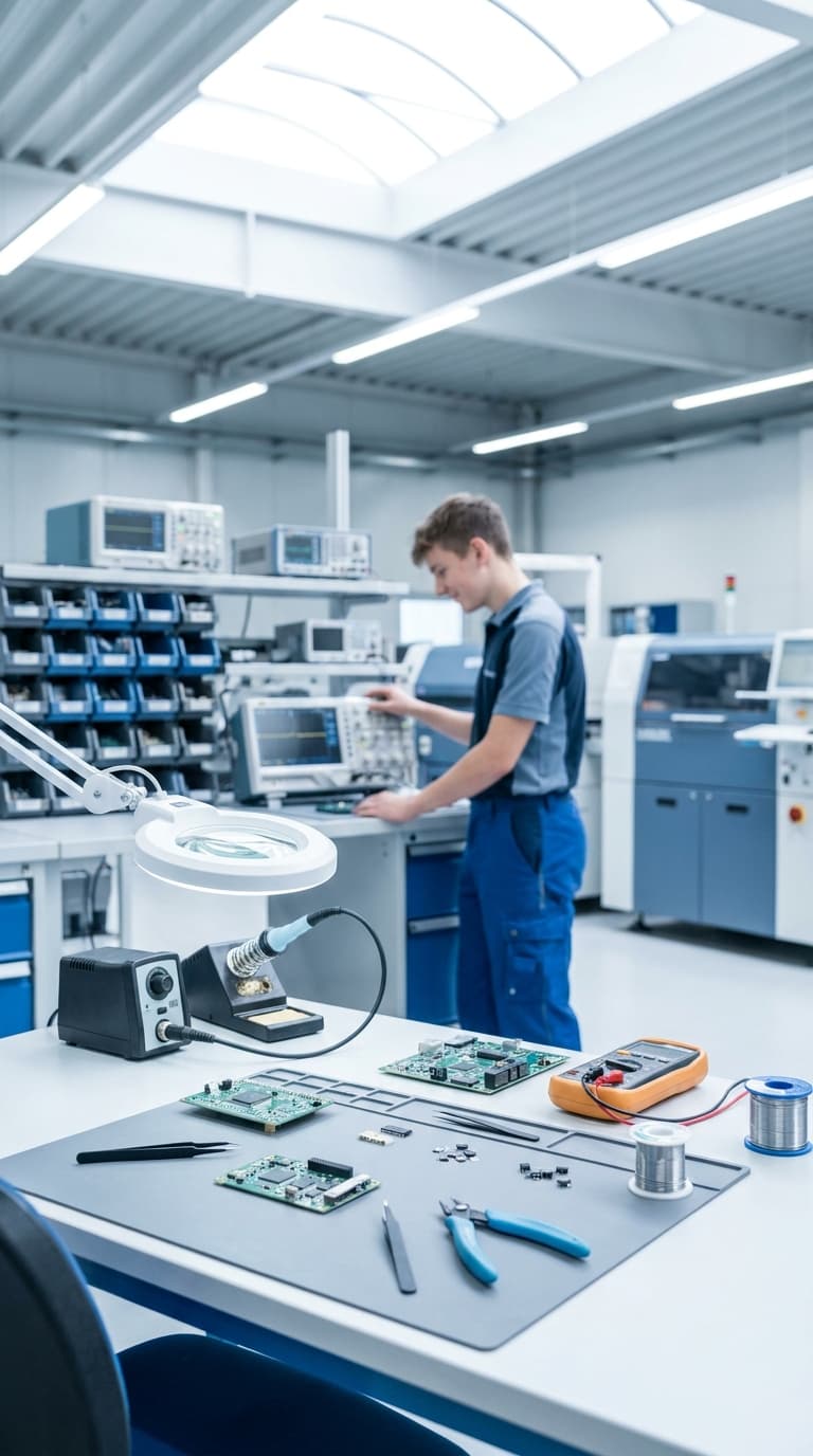 Ein Elektroniker bedient ein Messgerät in einer Werkstatt, im Vordergrund liegt Lötwerkzeug auf einer Werkbank.