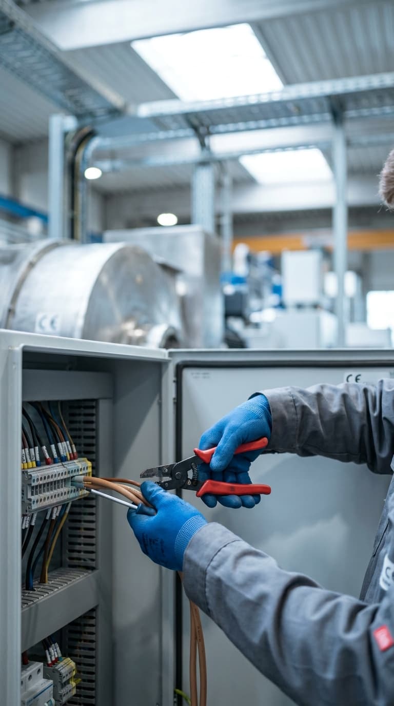 Elektrofachkraft verdrahtet mit Zange und Schraubendreher einen geöffneten Schaltschrank in einer Industriehalle.