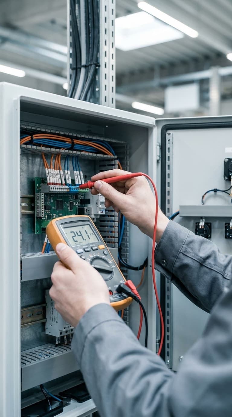 Eine Fachkraft misst mit einem Multimeter die Spannung in einem geöffneten Schaltschrank.