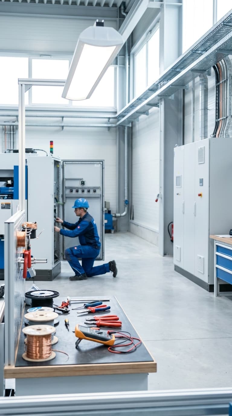 Ein Elektroniker in blauer Arbeitskleidung arbeitet kniend an einem geöffneten Schaltschrank in einer Werkstatt.