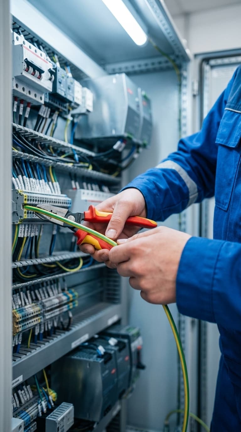 Eine Elektrofachkraft arbeitet mit einer Zange an einem grün-gelben Kabel in einem Schaltschrank.