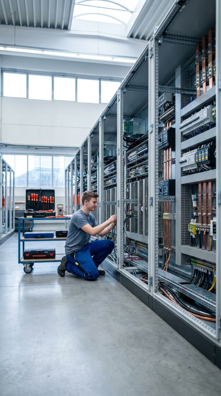 Ein Lehrling verkabelt kniend einen geöffneten Schaltschrank in einer Werkstatt.