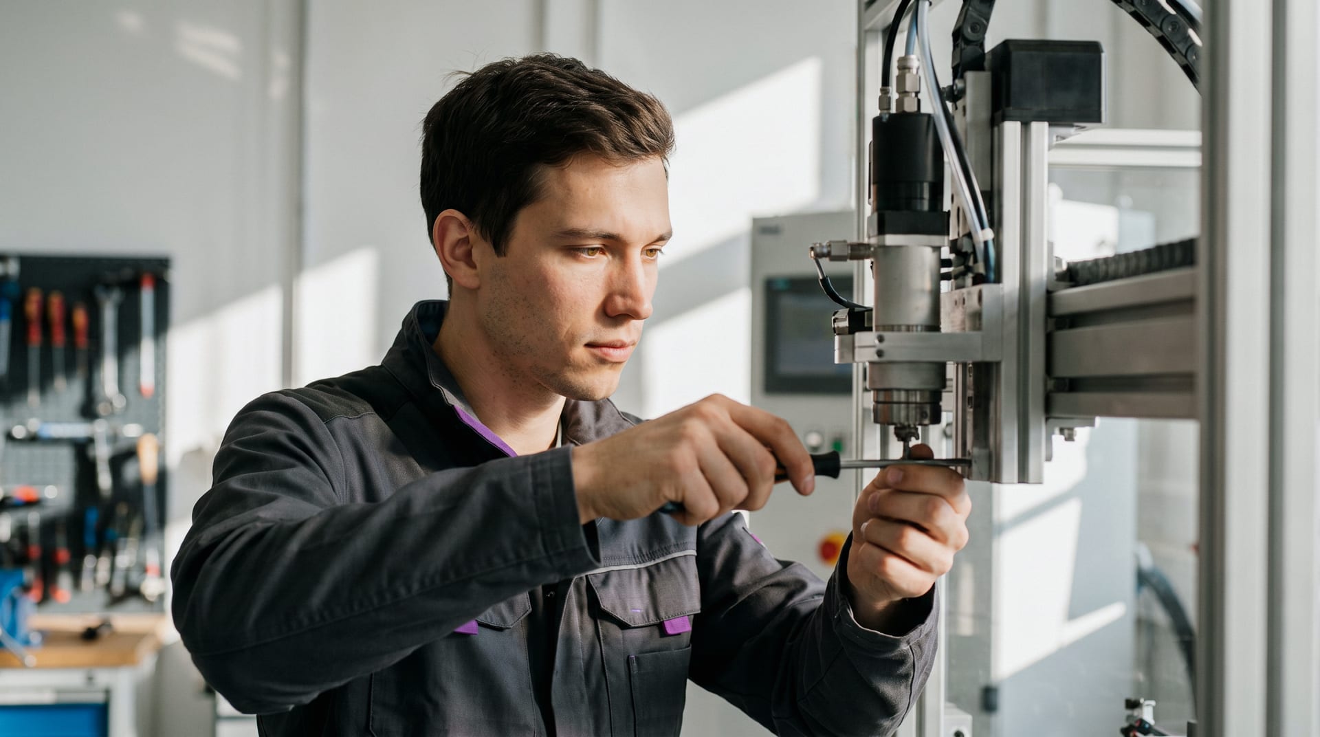 Ein Mechaniker justiert mit einem Schraubendreher eine CNC-Maschine in einer Werkstatt.