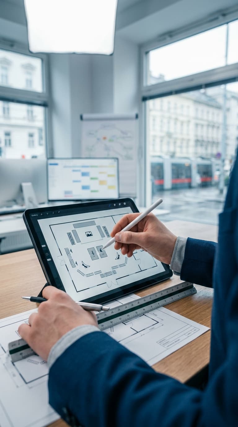 Ein Zeichner entwirft einen Grundriss mit digitalem Stift auf einem Tablet, davor liegt ein Bauplan mit Lineal.