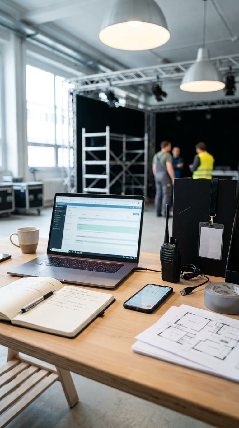Laptop und Funkgerät auf einem Tisch vor einer Bühne, die im Hintergrund von drei Personen aufgebaut wird.