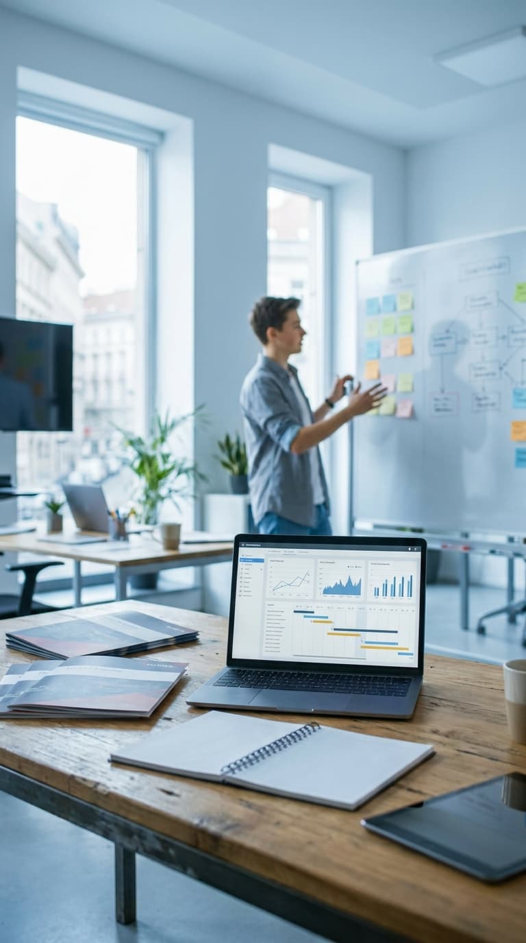 Laptop mit Diagrammen auf einem Holztisch, im Hintergrund präsentiert ein Mann an einem Whiteboard im hellen Büro.