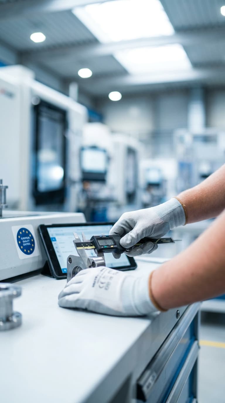 Eine Person vermisst in einer Werkshalle ein Metallbauteil mit einem digitalen Messschieber.