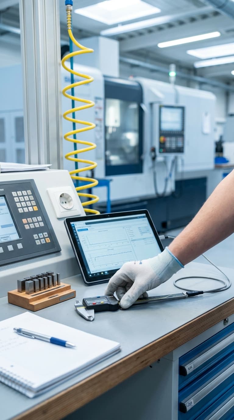 Eine Hand mit Schutzhandschuh nutzt einen digitalen Messschieber vor einem Tablet in einer Werkshalle.
