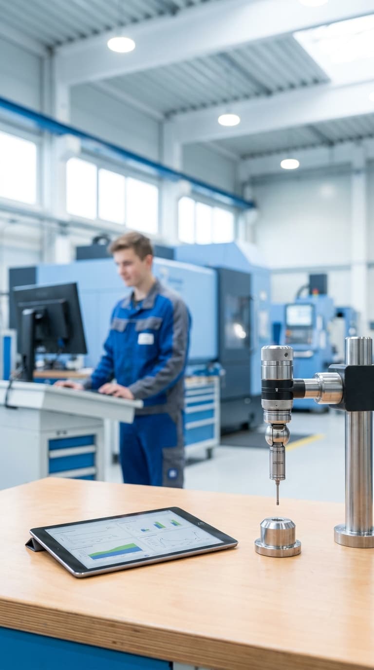 Ein Industriemechaniker arbeitet am Computer in einer Werkshalle, im Vordergrund liegen ein Tablet und ein Messgerät.