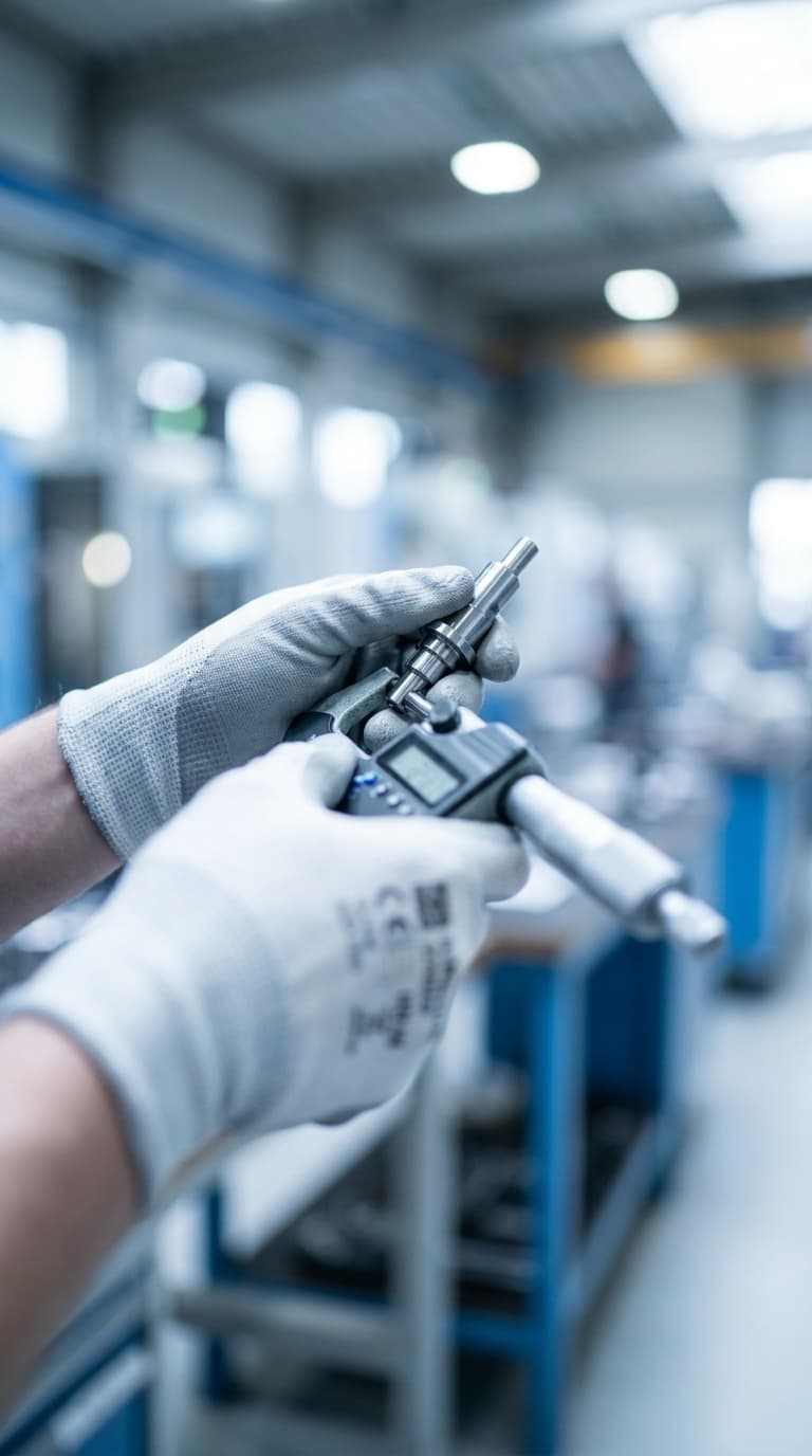 Hände in Schutzhandschuhen messen ein Werkstück mit einer digitalen Bügelmessschraube in einer Werkstatt.