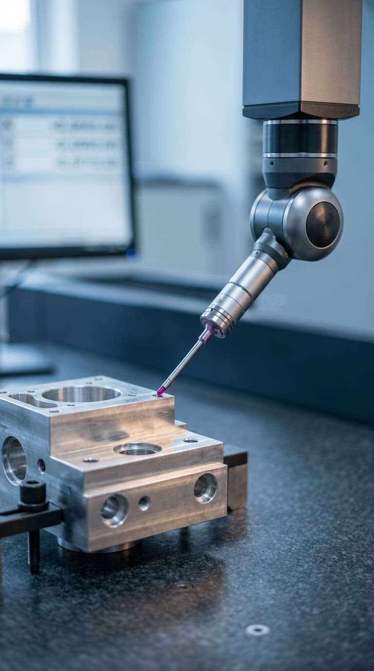 Ein Messarm tastet mit einer roten Prüfspitze ein präzise gefertigtes Metallteil ab.