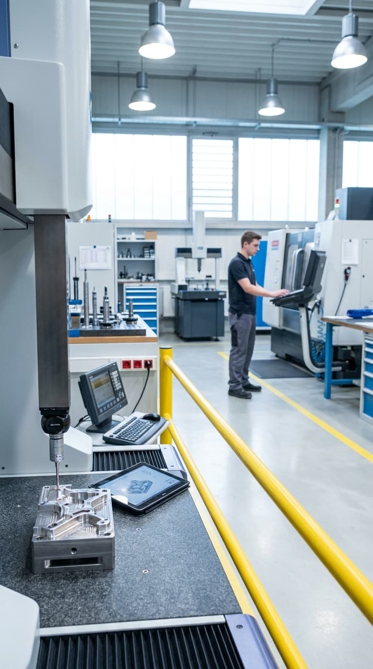 Eine Fachkraft bedient eine CNC-Maschine, im Vordergrund misst ein Koordinatenmessgerät ein Bauteil.