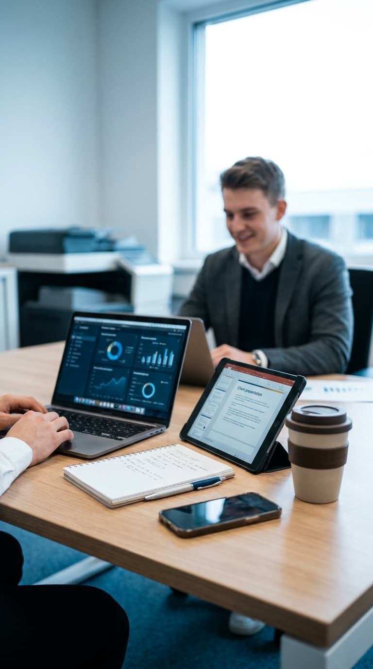 Zwei Angestellte arbeiten mit Laptops, einem Tablet und Smartphone an einem Tisch im Büro.