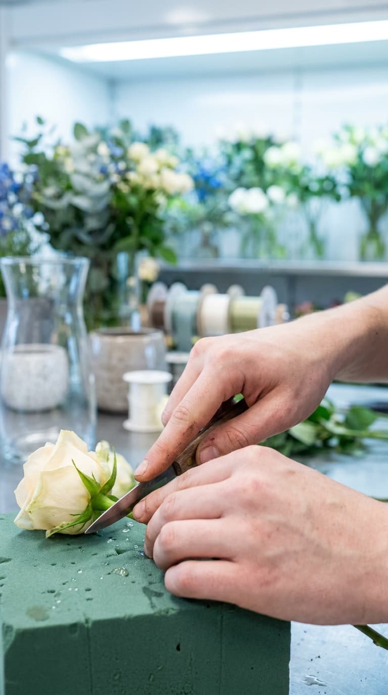 Ein Florist schneidet den Stiel einer hellen Rose mit einem Messer auf grünem Steckschaum an.