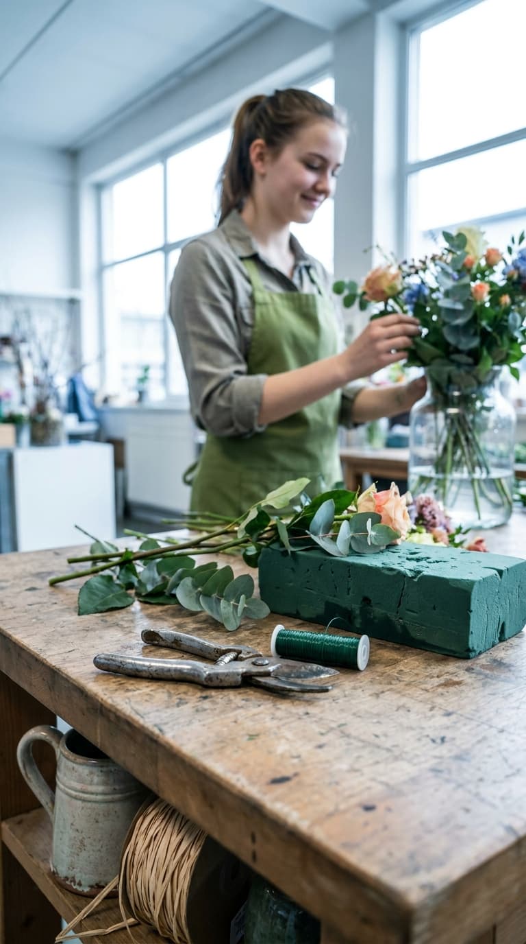 Eine Floristin arrangiert Blumen im Hintergrund, auf dem Werktisch vorne liegen Steckschaum und eine Gartenschere.