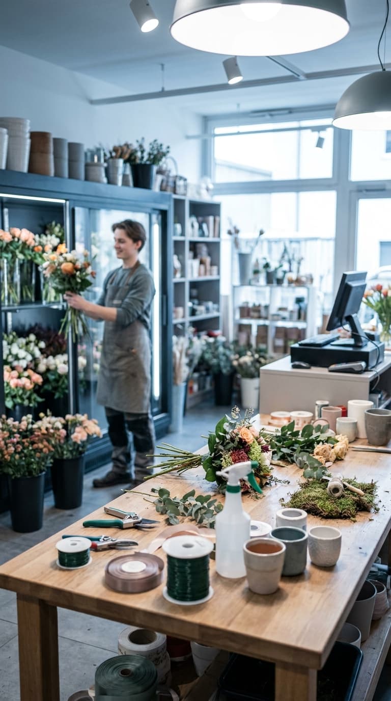 Ein Florist arrangiert Blumen an einem Kühlregal, im Vordergrund steht ein Holztisch mit Floristikwerkzeug.