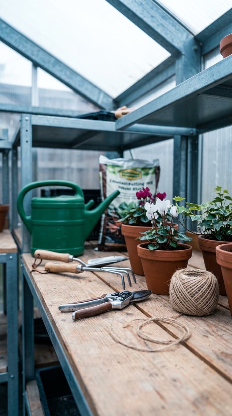 Gartenschere, Gießkanne, kleine Schaufel und Blumentöpfe stehen auf einem hölzernen Arbeitstisch im Gewächshaus.