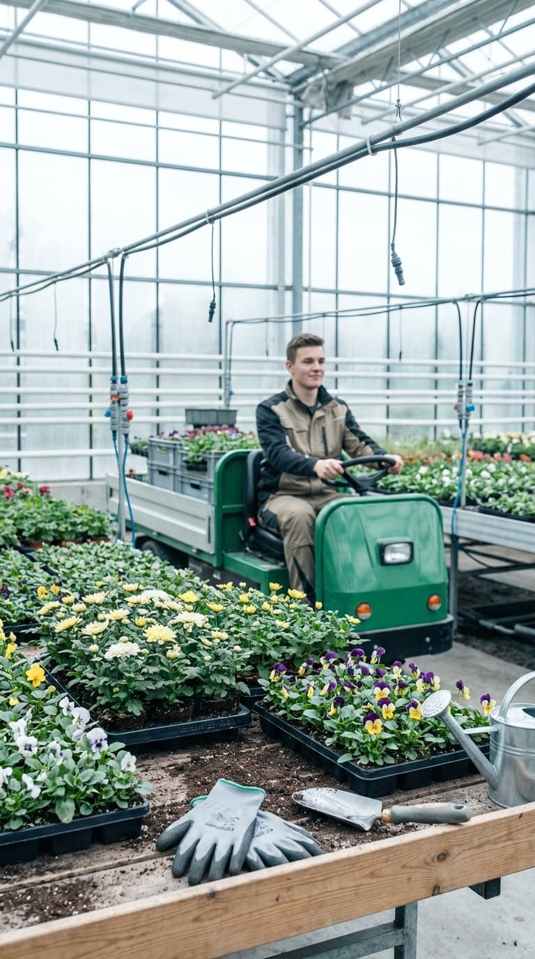 Ein Gärtner fährt ein kleines, grünes Nutzfahrzeug durch ein Gewächshaus vorbei an Blumenbeeten.
