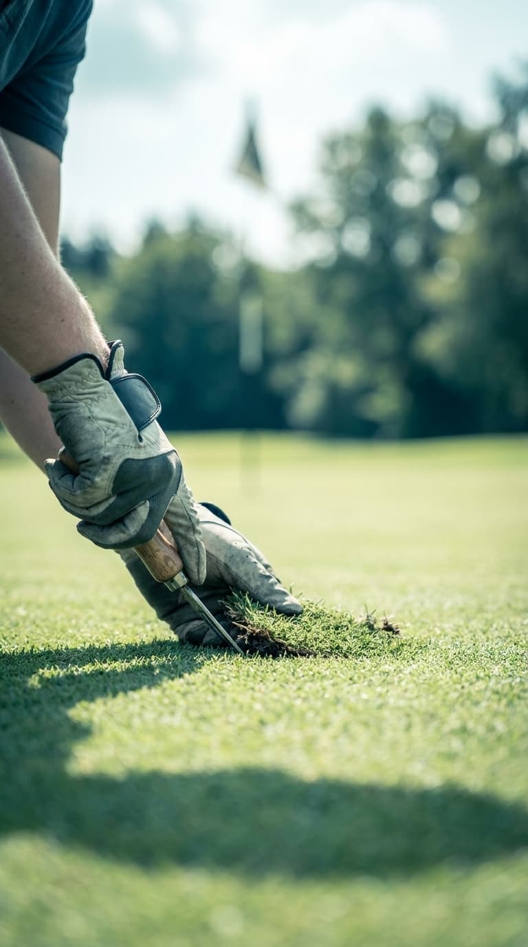Ein Greenkeeper bessert mit einem Werkzeug eine Schadstelle auf dem Golfgrün aus.