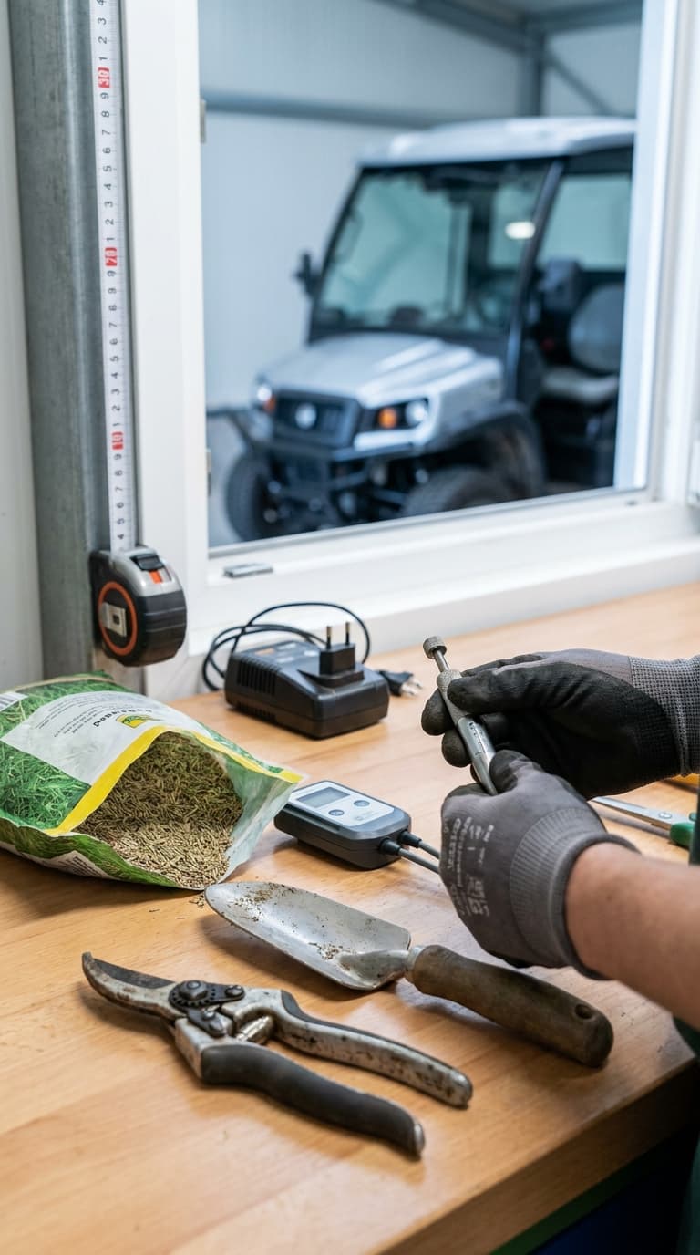 Hände in Arbeitshandschuhen prüfen ein Messwerkzeug auf einer Werkbank neben Saatgut, Schaufel und Gartenschere.
